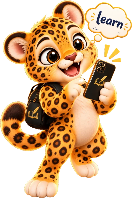 El leopardo de AELORA mira su celular y piensa en la palabra learn
