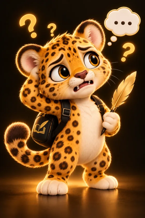El leopardo de AELORA con cara de duda, rodeado de signos de pregunta
